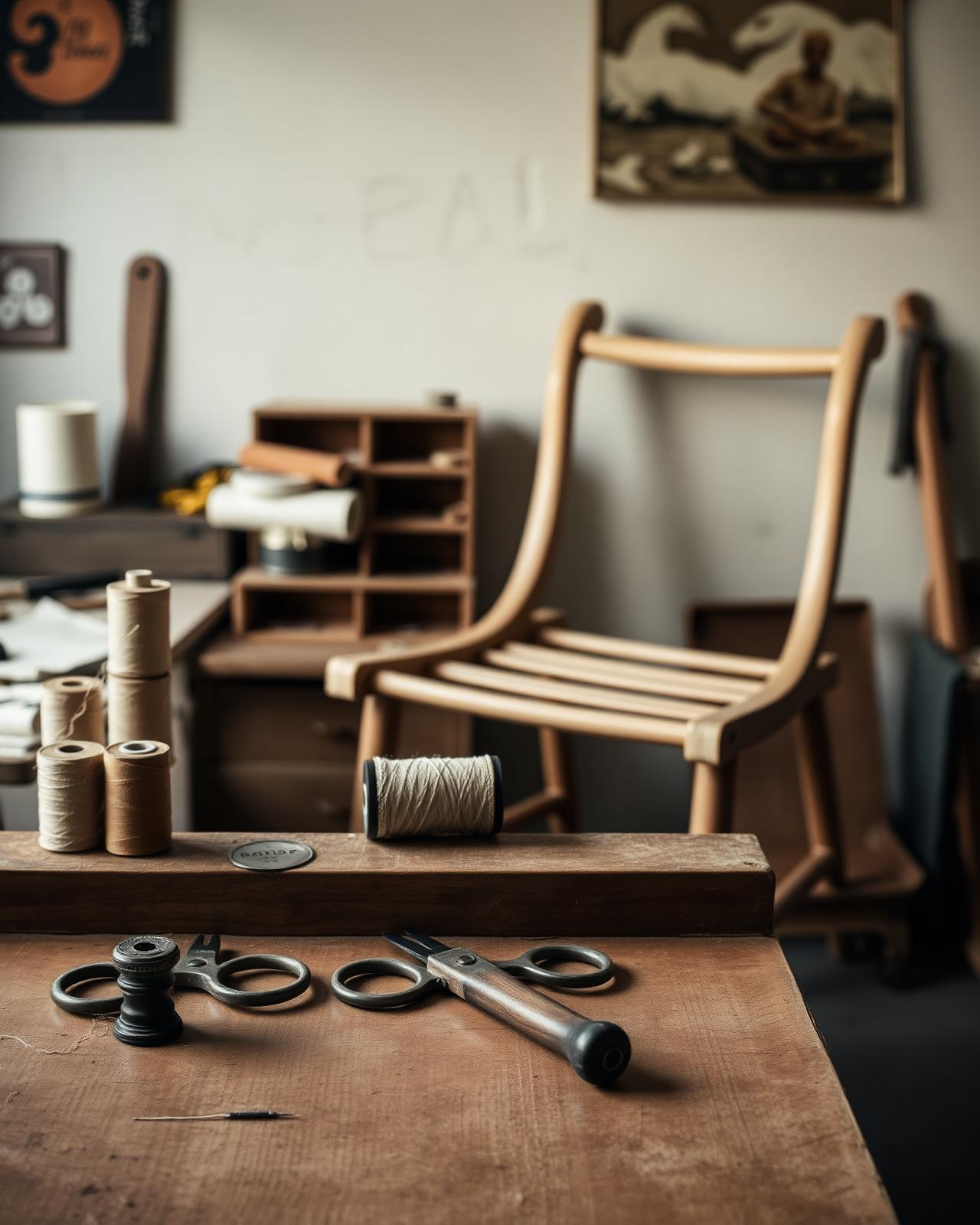 Banco da lavoro nel laboratorio di tappezzeria con forbici, rocchetti di filo e una poltrona in fase di lavorazione